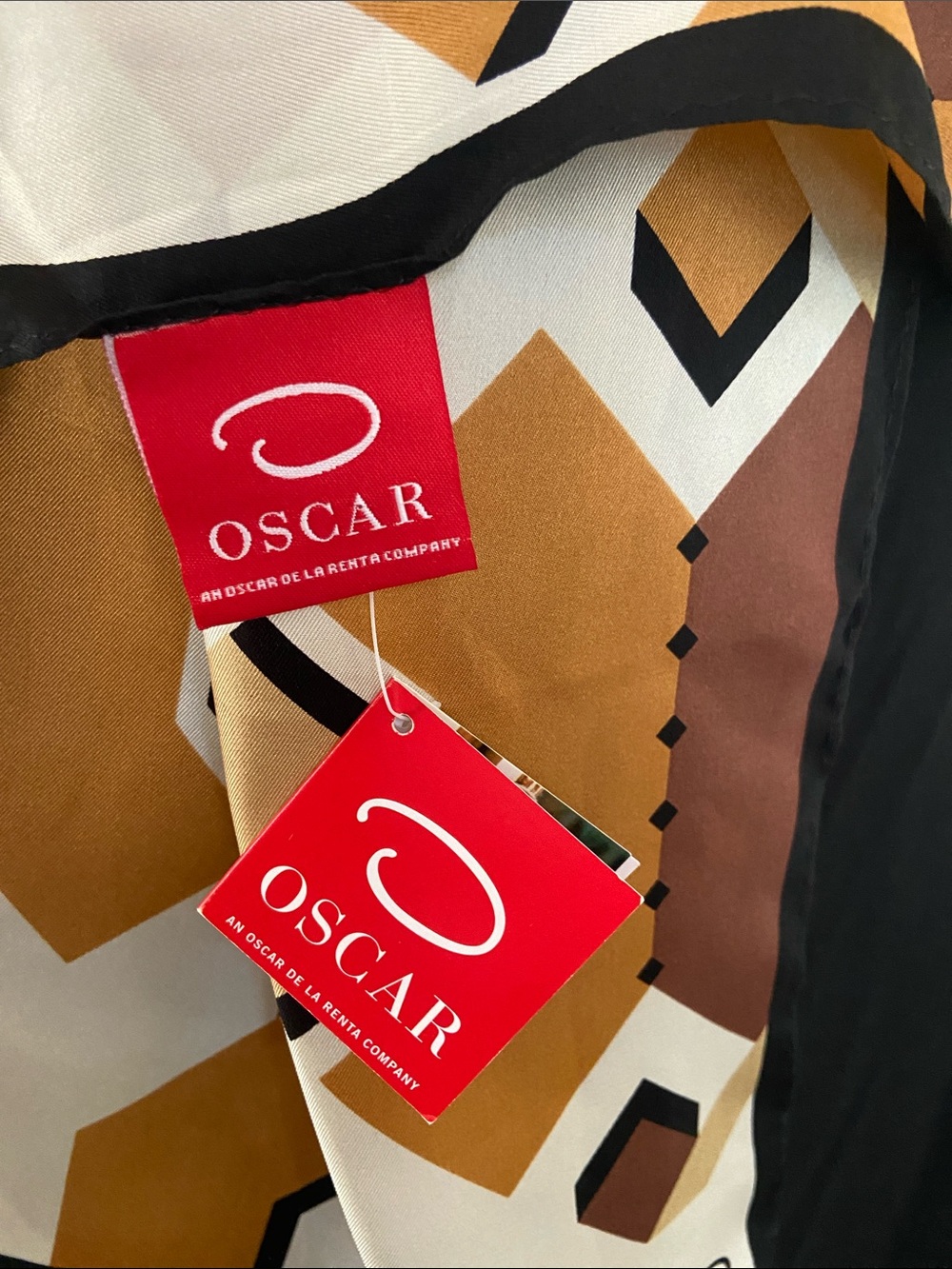 Oscar de la Renta Geometric Silk Scarf in Shades of Brown & Cream, Black Border - Picture 7 of 12